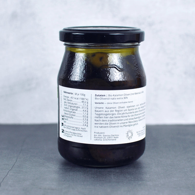 Griechische Bio Kalamon Oliven in Öl